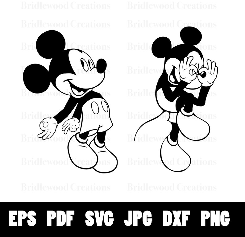 Op de afbeelding: Twee zwart-wit illustraties van Mickey Mouse. De eerste afbeelding toont Mickey Mouse staand met zijn armen uitgestrekt. De tweede afbeelding toont Mickey Mouse die zijn ogen bedekt met zijn handen.