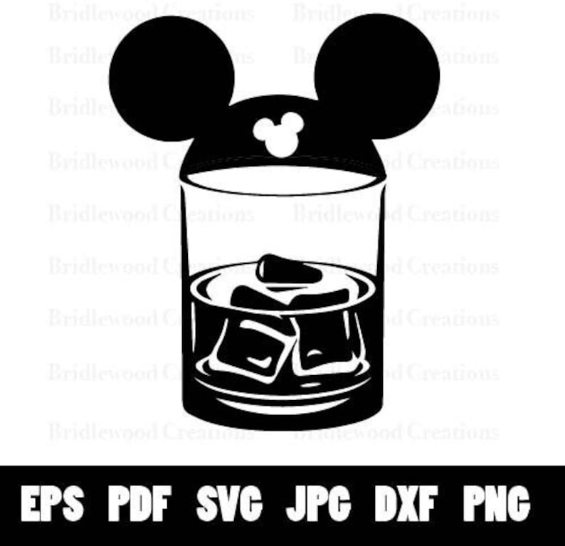May include: Black and white silhouette of a glass of whiskey with ice cubes, topped with Mickey Mouse ears.