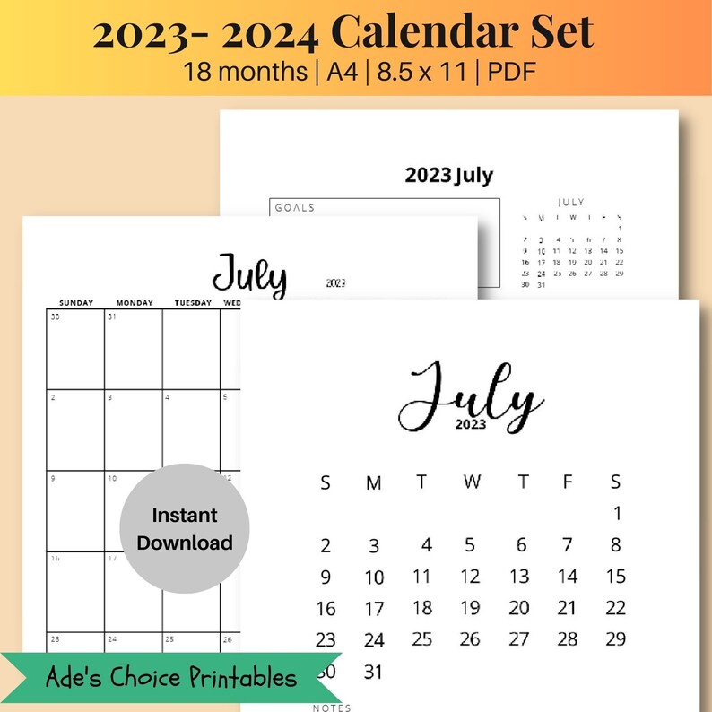 Printable 20232024 Calendar 18month Calendar Printable Etsy