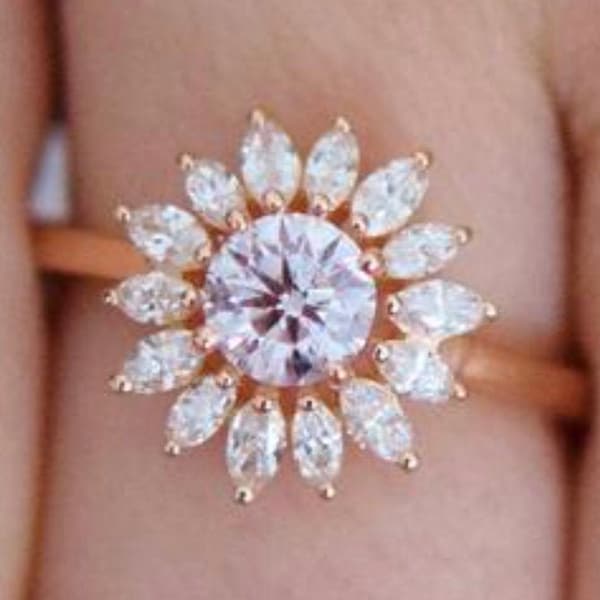 Flower Engagement Ring 1ct Zentrum Diamant und 0,5 ct Seitendiamanten