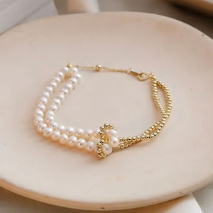 Freshwater Pearl and 18K Solid Gold double stranded beaded bracelet