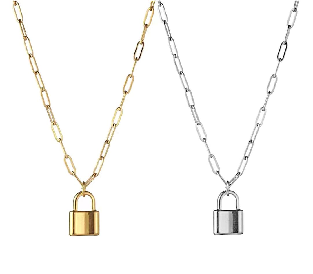 18K Solid Gold Lock Padlock Pendant With Paperclip Chain Etsy