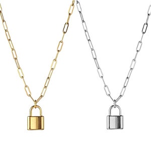 18K Solid Gold Lock Padlock Pendant with Paperclip chain