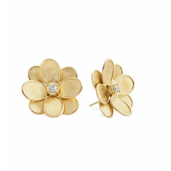 18K Solid Gold Flower Diamond Stud Earrings