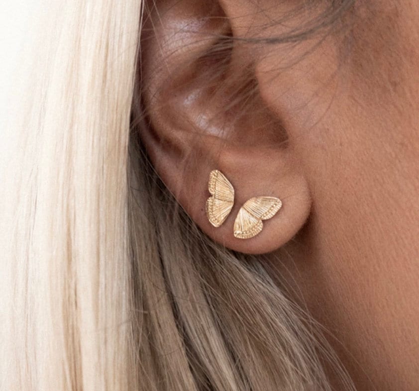 Solid Gold Double Piercing Butterfly Wings Studs - Etsy