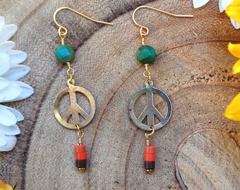 Handmade Turquoise Earrings, Upcycled Vintage Jewelry, Peace Sign Earrings, Brass Earrings, Gold Earrings, Crystal Earrings, Free Shipping