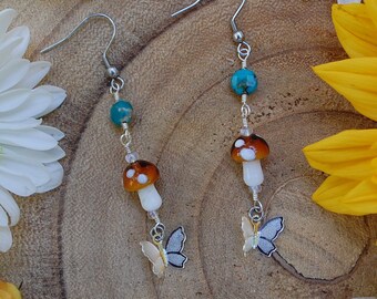 Handmade Turquoise Earrings, Butterfly Jewelry, Butterfly Earrings, Silver Earrings, Mushroom Earrings, Crystal Earrings, Free Shipping