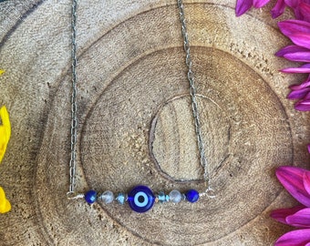 Evil Eye Multi Gemstone Bar Necklace, Dainty, Free Shipping, Crystal Necklace, Gemstone Handmade, Boho & Hippie, Gift For Her