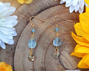 Handmade Aquamarine Earrings, Gold Coin Earrings, Gold Earrings, Crystal Earrings, March Birthstone, Free Shipping