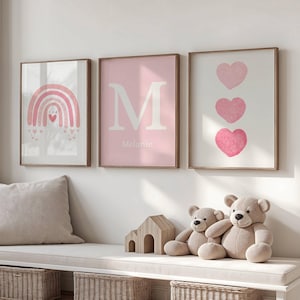 Personalized Girls Nursery Prints: Rainbow, Hearts, Initial (Set of 3 Unframed)