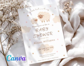 May include: A baby shower invitation with a lamb theme. The invitation features illustrations of two sheep, clouds, and polka dots in soft beige and pink tones. The text reads "Baby Shower" and includes the honoree's name and event details.