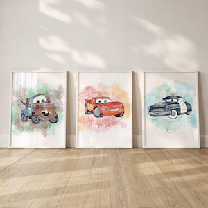 Set of 3 Cars Prints,Disney Pixar Bedroom Decor, Kids Nursery Wall Art, Lighting McQueen Mater Prints,Doc Gift Keep Sake,DIGITAL DOWNLOAD
