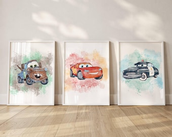 Cars Movie Watercolor Prints: Lightning McQueen, Mater, Sheriff (Digital Download)