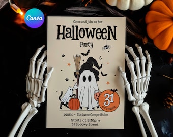 May include: A Halloween party invitation with a ghost, cat, and pumpkin illustration. The invitation includes the text "Come and join us for Halloween Party" and event details. The date is October 31st.