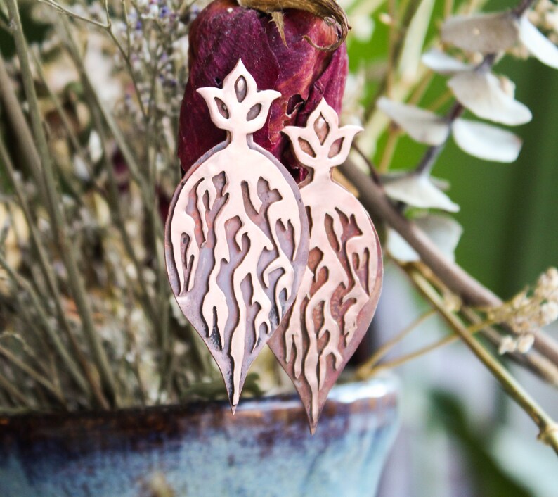 Copper roots handmade layered earrings one of a kind pushback drop earrings heat patina nature inspired jewelry