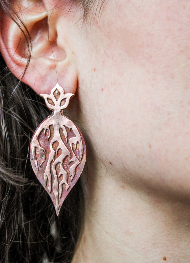 Copper roots handmade layered earrings one of a kind pushback drop earrings heat patina nature inspired jewelry