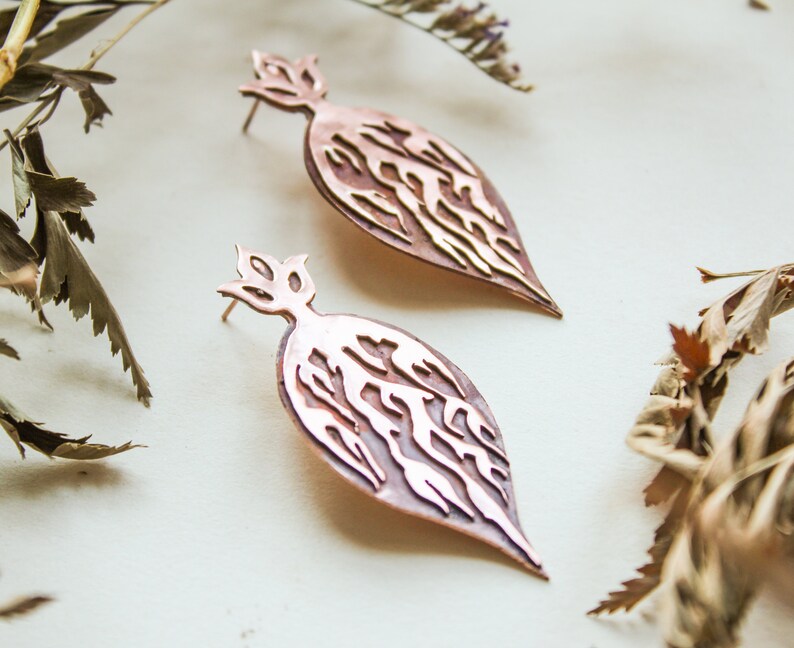 Copper roots handmade layered earrings one of a kind pushback drop earrings heat patina nature inspired jewelry