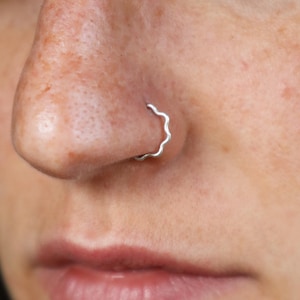Handmade silver squiggle nose ring / artisan unisex nose hoop / minimalist sterling silver jewelry / one of a kind gift for her him them