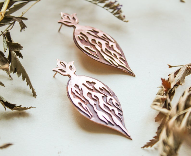 Copper roots handmade layered earrings one of a kind pushback drop earrings heat patina nature inspired jewelry