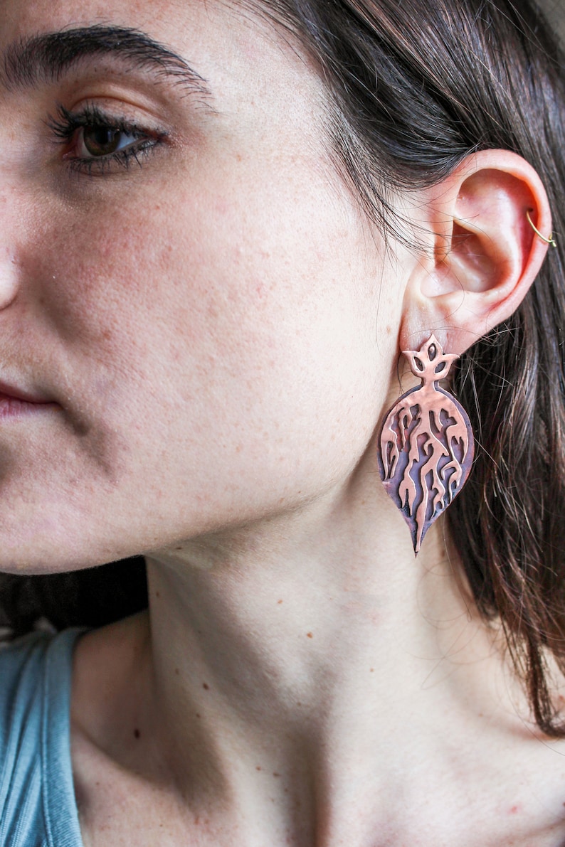 Copper roots handmade layered earrings one of a kind pushback drop earrings heat patina nature inspired jewelry