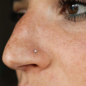 May include: Close-up of a person's face with a small silver nose ring. The person has brown eyes with dark eyeliner and mascara.