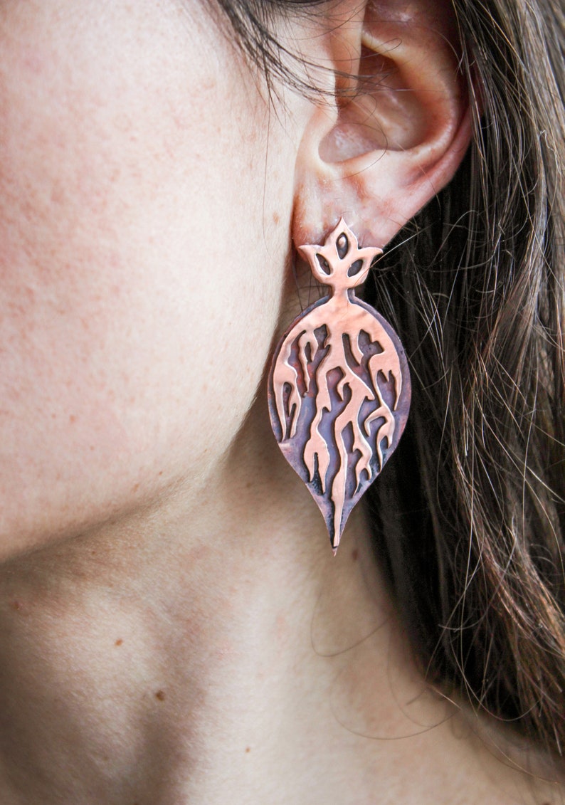 Copper roots handmade layered earrings one of a kind pushback drop earrings heat patina nature inspired jewelry