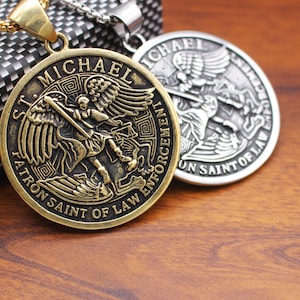 St.Michael Necklace,Saint Michael medal necklace, Large St. Michael pendant,Patron Saint of Law Enforcement ,gift for men birthday gift