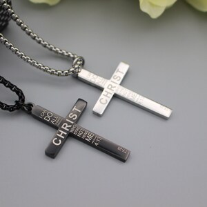 Sterling Silver American Flag Cross Necklace - Philippians 4:13 Bible Verse Engraved Patriotic Jewelry For Men