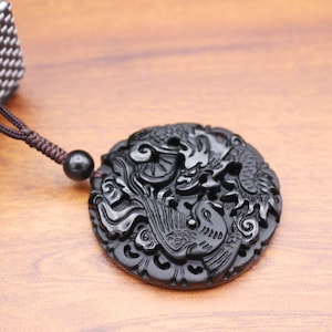 Dragon and phoenix necklace ,Unique Healing  Black Obsidian  pendant ,Dragon and Phoenix Amulet Charm Pendant Necklace, gift for men women