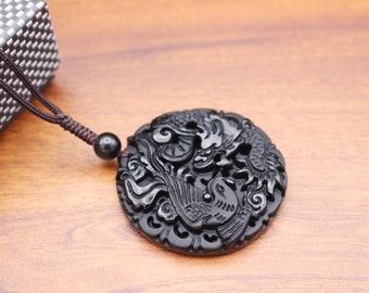 Dragon and phoenix necklace ,Unique Healing  Black Obsidian  pendant ,Dragon and Phoenix Amulet Charm Pendant Necklace, gift for men women