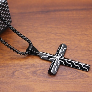 Cross necklace,Black Cross Necklace,Stainless steel Cross Tire Pattern Necklace with Chain for Men,Gifts for men