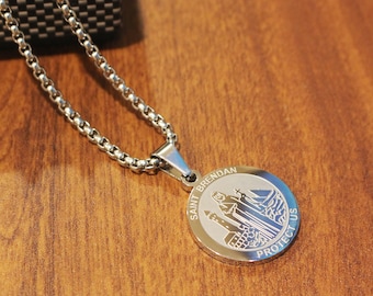 Saint Brendan Necklace ,Silver Catholic St. Brendan Medal Pendant birthday  gift for men women
