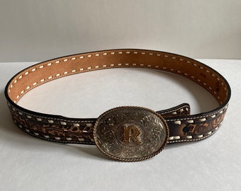 Montana Silversmiths Buckle & Hand-Tooled Leather Belt – Made in USA – Vintage Western Cowboy