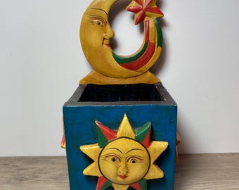Vintage Celestial Wooden Box – 1990s Carved Folk Art Sun, Moon & Star – Hand Painted Decorative Home Accent