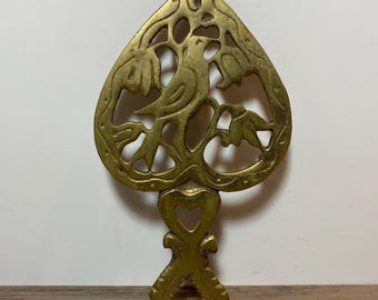 Vintage Brass Heart Trivet with Bird Design Small Decorative Kitchen Trivet Cottagecore Brass Decor