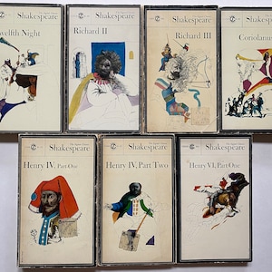May include: A collection of seven vintage paperback books featuring Shakespearean plays. The books are all in the same style, with black covers and white text. The titles of the plays are "Twelfth Night", "Richard II", "Richard III", "Coriolanus", "Henry IV, Part One", "Henry IV, Part Two", and "Henry VI, Part One".