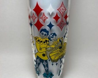 Vintage Costume Gala Cocktail Shaker Glass Harlequin Matador Spanish Dancer Gold Lid Barware