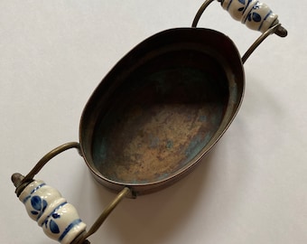 Copper Planter Pot Brass Ceramic Handles Vintage Fireplace Home Decor