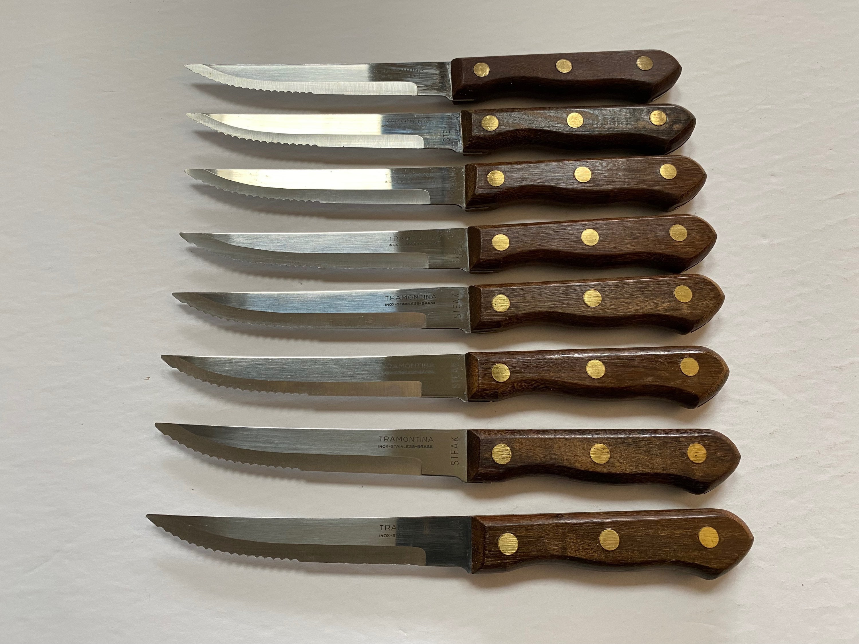 Tramontina Set of 8 Knives Inox Stainless Brasil Serrated Steel Blades Wood  Handle Brass Rivets Cutlery Kitchenware 