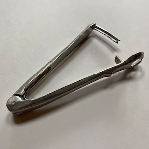 以下が含まれることがあります： ハンドルと2本の先端を持つ銀色の金属製のツール。このツールは、果物の芯を取り除くために使用されます。