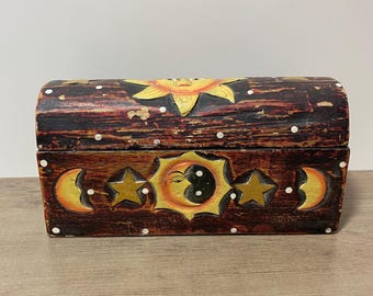 Vintage Celestial Magic Wooden Box Sun, Moon & Stars 1990s Home Decor