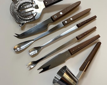 Cocktail Bartender Mixology Tools 7 Piece Set Wooden Handles Made in Japan Vintage Kitchenware