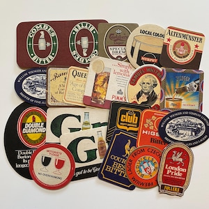 Lot of 20 Vintage British and European Beer Coasters – Ale, Bitter & Liquor Brands – London Pride, Pimms, Carlsberg, Budvar, More