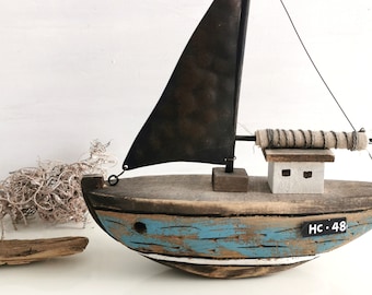 Decorative wooden boat in driftwood look, fishing boat made of driftwood, boat in driftwood look, maritime decoration, boat driftwood decoration