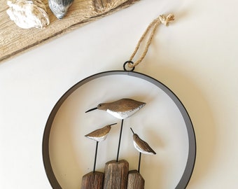 Maritime decoration pendant with three sandpipers on a piece of driftwood, driftwood look, maritime decoration, door decoration, window decoration