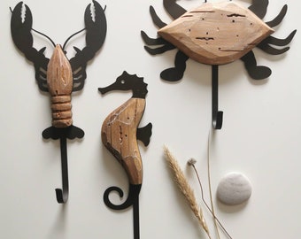 Maritime coat hook as crab, seahorse and lobster in driftwood look, bathroom, fish restaurant, maritime decoration, driftwood decoration