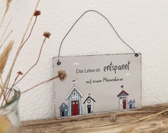 maritime metal sign, maritime beach house, sign with saying Life is relaxed with a sea breeze, sea flair