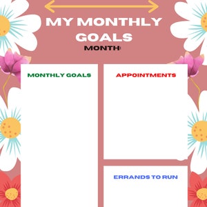 Monthly Goals | Digital print | PDF Editable |