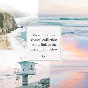 May include: A collage of four images featuring coastal scenes. The top left image shows a rocky coastline with a sandy beach and ocean waves. The top right image shows a blue ocean with white waves. The bottom left image shows a lifeguard tower on a sandy beach. The bottom right image shows a pink and orange sunset over the ocean.