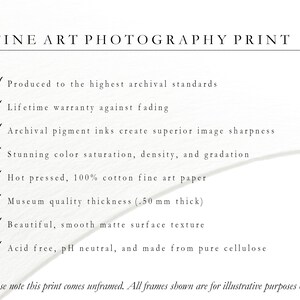 May include: Fine art photography print checklist with details about the print's quality, including archival pigment inks, 100% cotton fine art paper, and a smooth matte surface texture. The print is acid-free, pH neutral, and made from pure cellulose. The text also states that the print comes unframed.